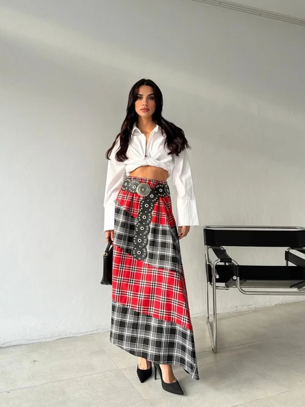 Kadın Kemerli Patchwork Ekose Maxi Etek ürün görseli 1