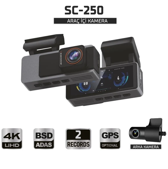 Sentinel SC-250 4K UHD Araç İçi Kamera | ADAS & BSD, Wi-Fi, GPS Opsiyonel, 170° Geniş Açı, 24 Saat Park Modu ürün görseli 1