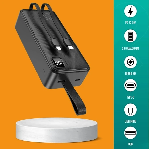 30000 Mah 22,5w Süper Hızlı Lightning Ve Tyype C Powerbank Siyah ürün görseli 1