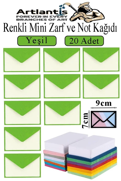 Yeşil Mini Zarf 7x9 cm Not Kağıtlı 20 Adet Küçük Yeşil Zarf Mektup Oyun Zarfı Doğum Günü Dilekleri Zarfı Canlı Renk ürün görseli 1
