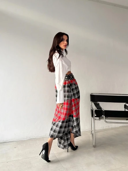 Kadın Kemerli Patchwork Ekose Maxi Etek - Resim 3