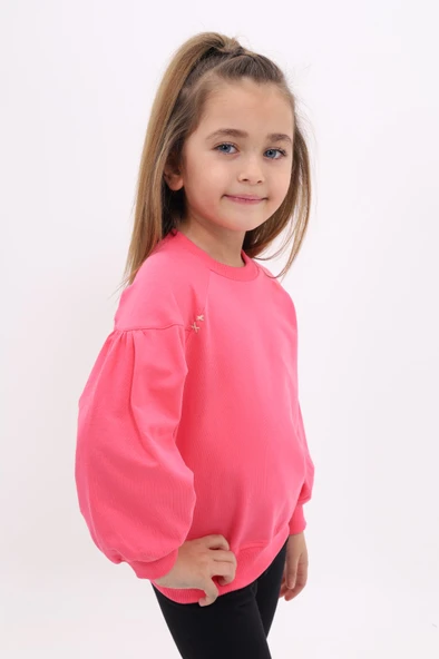 Toontoy Kız Çocuk Relax Fit Bisiklet Yaka Büzgülü Reglan Kol Sweatshirt - 2 İplik ürün görseli 1