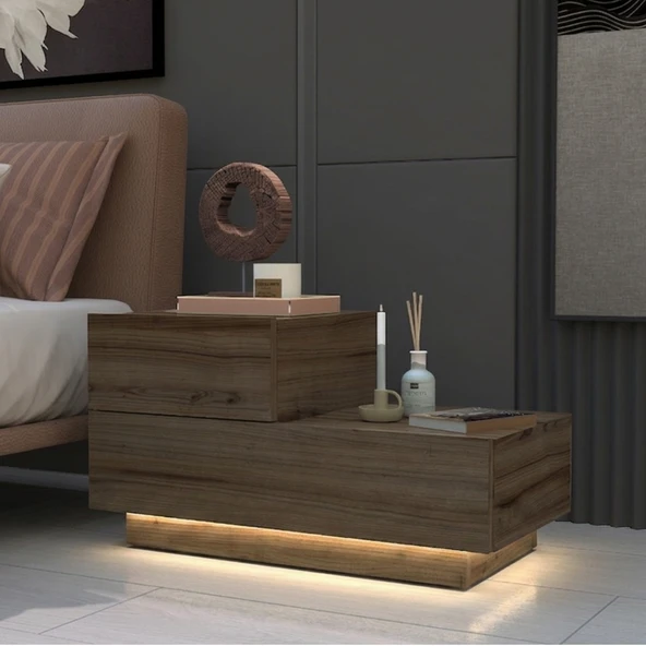 Kayra KMD002 LED Işıklı Komodin – 2 Çekmeceli Modern Tasarım  Antik Ceviz ürün görseli 1