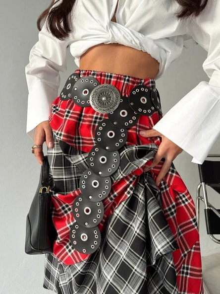 Kadın Kemerli Patchwork Ekose Maxi Etek - Resim 5