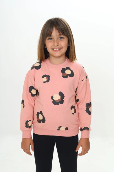 Toontoy Kız Çocuk Relax Fit Bisiklet Yaka Düşük Omuz Baskılı Sweatshirt - 2 İplik ürün görseli 1