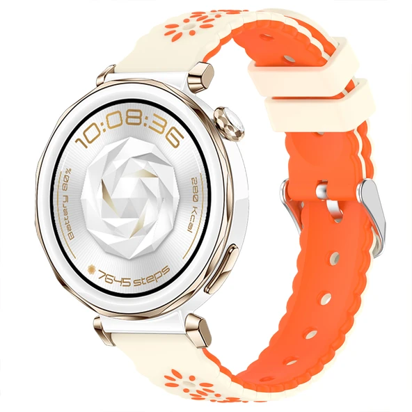 Huawei Watch GT5 Pro 42mm Çiçek Desenli Yumuşak Silikon Kordon Şık ve Nefes Alabilen Spor Kordon  Turuncu ürün görseli 1