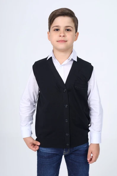 Toontoy Erkek Çocuk V Yaka Düğmeli Peto Cep Detaylı Örme Yelek ürün görseli 1