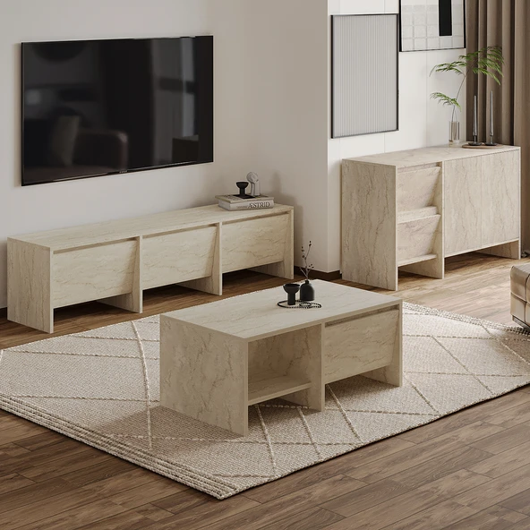 Laris Üçlü SET – TV Sehpası, Konsol ve Orta Sehpa ile Modern Yaşam Alanları İçin Takım  Traverten ürün görseli 1