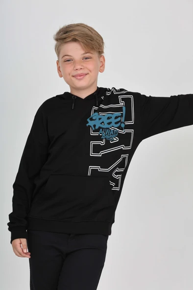 Toontoy Erkek Çocuk Oversize Kapüşonlu Cepli Düşük Omuz Baskılı Sweatshirt - 2 İplik ürün görseli 1