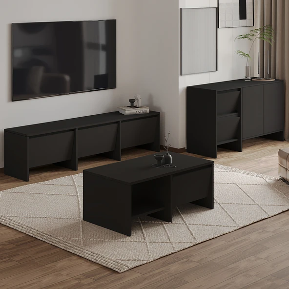 Laris Üçlü SET – TV Sehpası, Konsol ve Orta Sehpa ile Modern Yaşam Alanları İçin Takım  Siyah ürün görseli 1