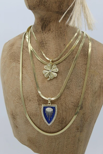 VIP Çelik Italyan Ezme Zincirli Zirkon Taşlı Mavi Mineli Göz ve Yonca Model 4'lü Kombin Kolye ürün görseli 1