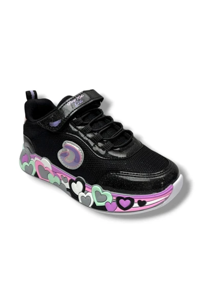Deep Kids 025-26 Anorak Kalp Desenli Anatomik Cırtlı Kız Çocuk Sneaker Siyah Pembe ürün görseli 1