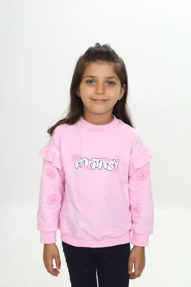 Toontoy Kız Çocuk Relax Fit Bisiklet Yaka Düşük Omuz Baskılı Sweatshirt - Kolu Fırfırlı & 2 İplik ürün görseli 1