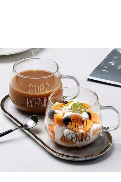 2 Li Good Morning Günaydın 400 ml Borosilikat Cam Kupa ürün görseli 1