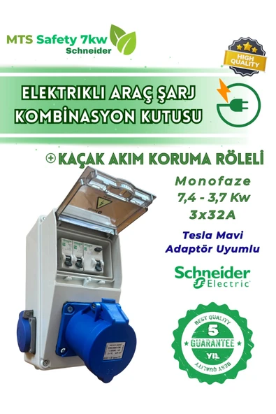MTSevcharger 7.4 KW 3/32 SCHNEIDER KAÇAK AKIM ROLELİ Elektrikli Araç Şarj Cihazı Kombinasyon Kutusu Halogen Free TESLA Mavi Adaptör Uyumlu ürün görseli 1