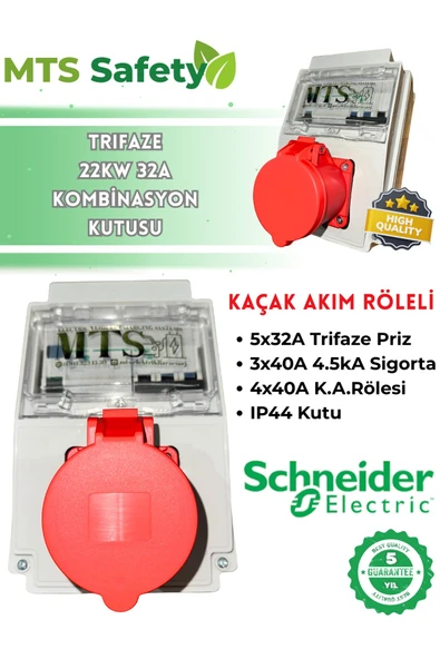 MTSevcharger 22 Kw 5*32 Trifaze SCHNEIDER Elektrikli Araç Şarj Cihazı Kombinasyon Kutusu Kaçak Akım Roleli ürün görseli 1