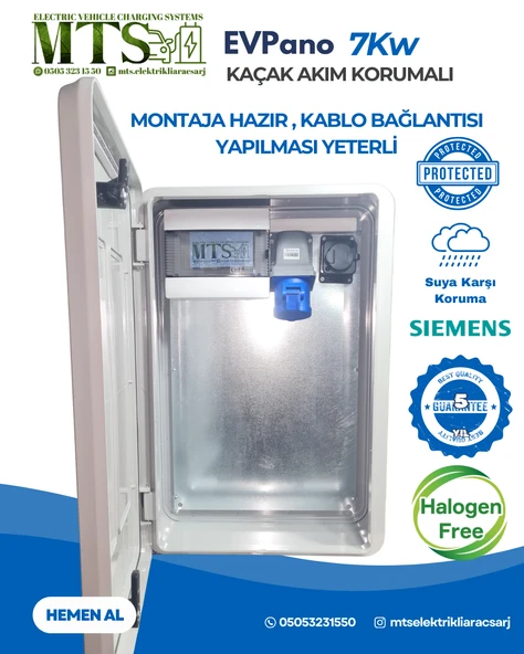 MTSevcharger 7 KW SIEMENS SİGORTA 60 40 20 KOMBİNASYON PANOSU ELEKTRİKLİ ARAÇ ŞARJ CİHAZI TESLA MAVİ ADAPTÖR 7kw ürün görseli 1
