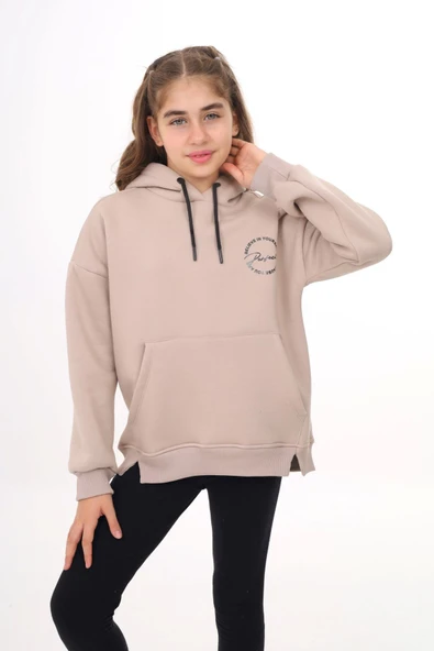 Toontoy Kız Çocuk Oversize Kapüşonlu Cepli Düşük Omuz Baskılı Yırtmaçlı Sweatshirt - 3 İplik Şardonlu ürün görseli 1