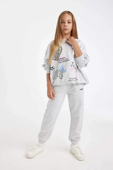 D0733 Baskılı Beli Paçası Lastikli Gri Jogger Eşofman Altı ürün görseli 1