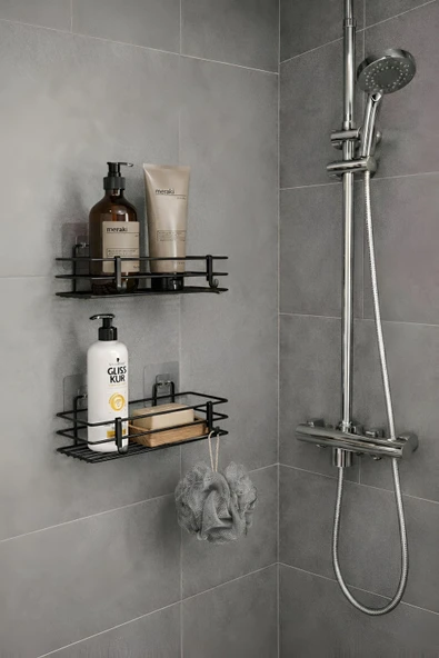 Tek Katlı Duş Rafı – Kancalı Banyo Şampuanlık & Organizer 2 Adet Siyah TŞ-01 ürün görseli 1