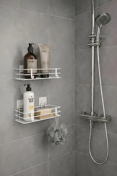 Tek Katlı Duş Rafı – Kancalı Banyo Şampuanlık & Organizer 2 Adet Beyaz TŞ-01 ürün görseli 1
