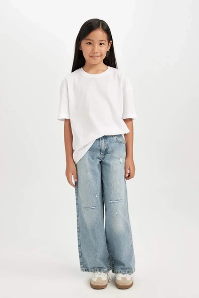 D3371 Wide Leg Jean Yırtık Detaylı Cepli Geniş Bol Paça Pantolon ürün görseli 1