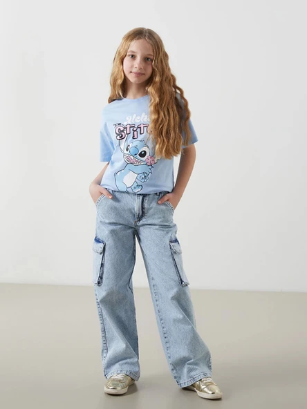LCW Kids MAVİ Beli Ayarlanabilir Lastikli Kız Çocuk Kargo Jean Pantolon ürün görseli 1
