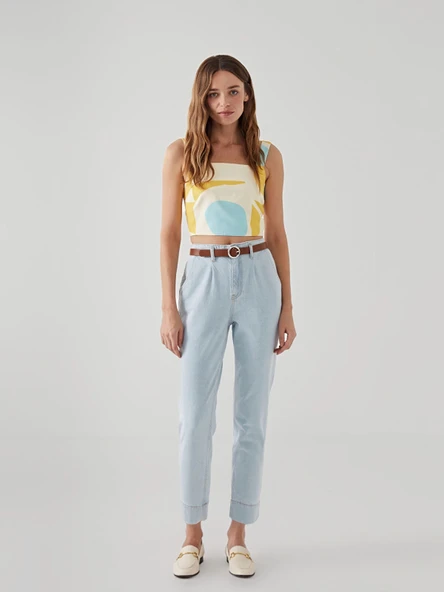 LCW Jeans İNDİGO Beli Kemerli Mom Fit Kadın Jean Pantolon ürün görseli 1