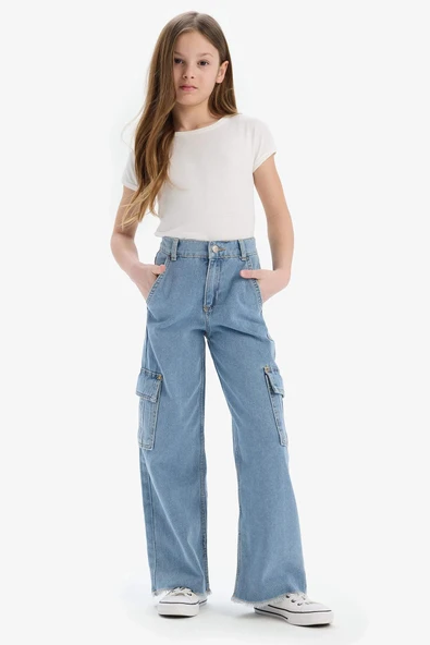 Defacto E2304 Mavi Kız Çocuk Wide Leg Kargo Geniş Bol Paça Jean Pantolon ürün görseli 1