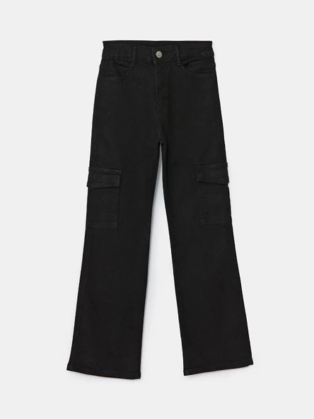 LCW Kids SİYAH Beli Ayarlanabilir Lastikli Kız Çocuk Kargo Jean Pantolon ürün görseli 1
