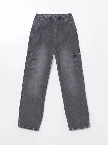 LCW Kids SİYAH Beli Lastikli Kız Çocuk Kargo Jean Pantolon ürün görseli 1
