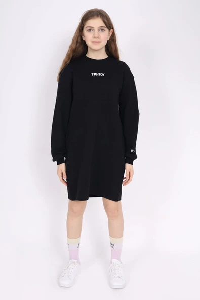 Toontoy Kız Çocuk Baskılı Oversize Bisiklet Yaka Uzun Kollu Elbise - ürün görseli 1