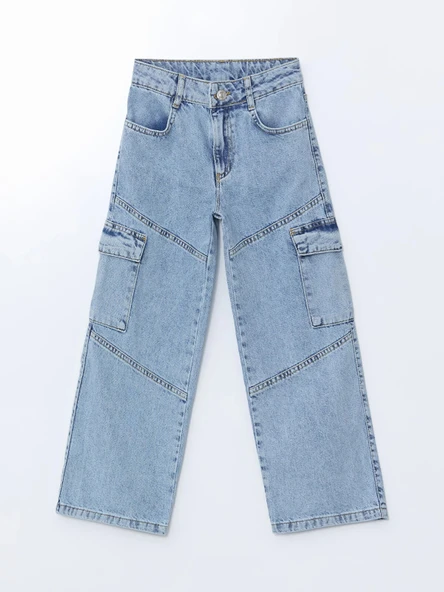 LCW Kids MAVİ Beli Ayarlanabilir Lastikli Kız Çocuk Kargo Jean Pantolon ürün görseli 1