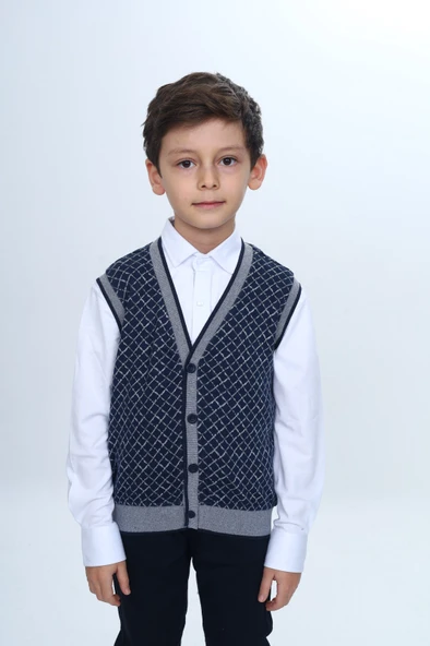 Toontoy Erkek Çocuk V Yaka Düğmeli Triko Yelek - Diagonal Desenli ürün görseli 1