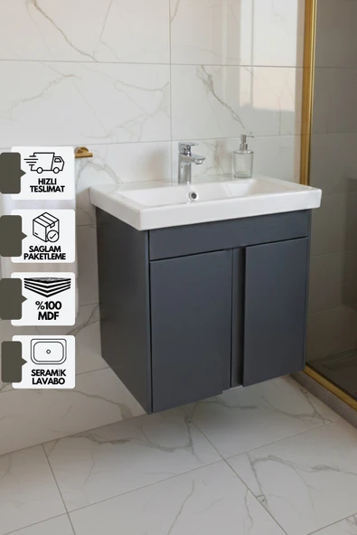 Magma 50 Cm, Lavabolu Alt Banyo Dolabı, Kapaklı Banyo Alt Dolabı, Seramik Lavabo Dahil Antrasit Mdf ürün görseli 1