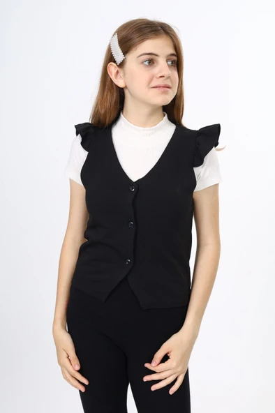 Toontoy Kız Çocuk Fırfır Detaylı Düğmeli V Yaka Blazer Okul Yeleği - Astarsız ürün görseli 1