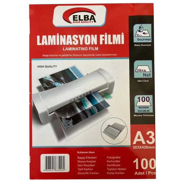 Elba Laminasyon Filmi A3 100 Micron 303X426Mm (100 Lü Paket) ürün görseli 1