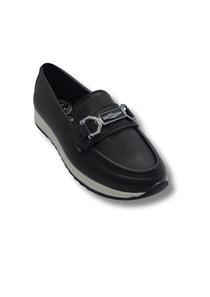 Kadın Siyah Taşlı Tokalı Comfort Loafer Ayakkabı, Rahat Taban, Düz Kadın Babet Ayakkabı tarzkldüztas1 ürün görseli 1