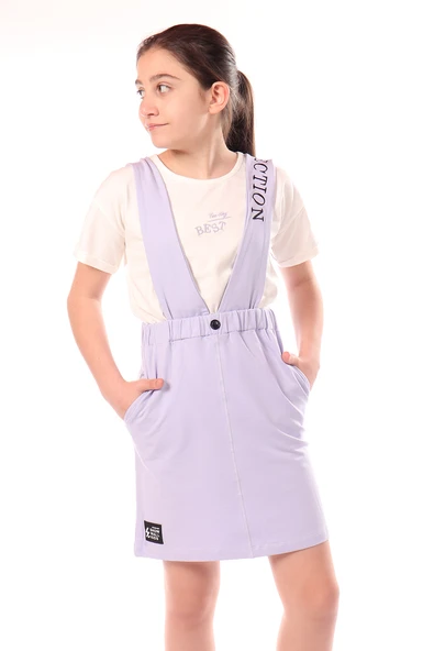 Toontoy Kız Çocuk Bisiklet Yaka Basic T-Shirt ve Askılı Cepli Nakış Baskılı Salopet Elbise - 2'li Takım ürün görseli 1