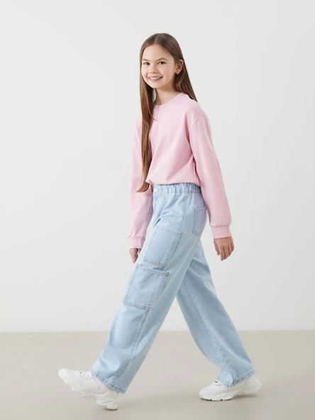 LCW Kids İNDİGO Beli Lastikli Kız Çocuk Kargo Jean Pantolon ürün görseli 1