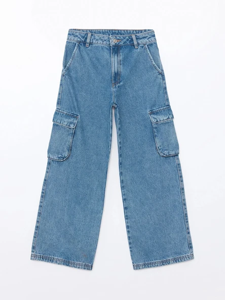 LCW Kids MAVİ Beli Ayarlanabilir Lastikli Kız Çocuk Kargo Jean Pantolon ürün görseli 1