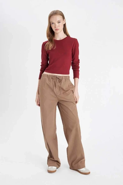 D3764 Coool Straight Fit Poplin Basic Düz Cepli Lastikli Bel Bağcıklı Pantolon ürün görseli 1