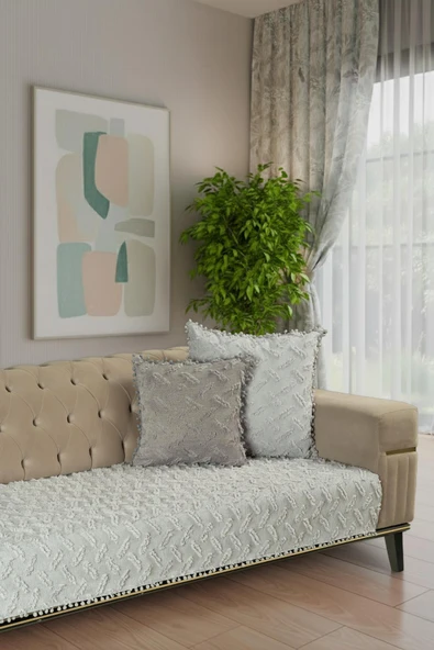 Ponela Bohem Ponponlu Koltuk Örtüsü 90x200 cm Sadece Oturma Alanı (1 Adet )- Açık Gri ürün görseli 1