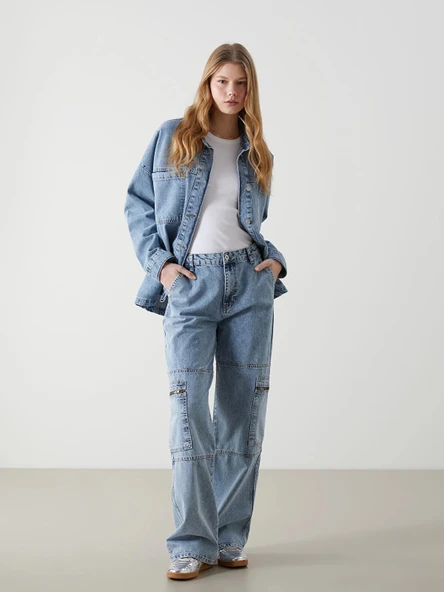 XSIDE MAVİ Yüksek Bel Wideleg Kadın Kargo Jean Pantolon ürün görseli 1