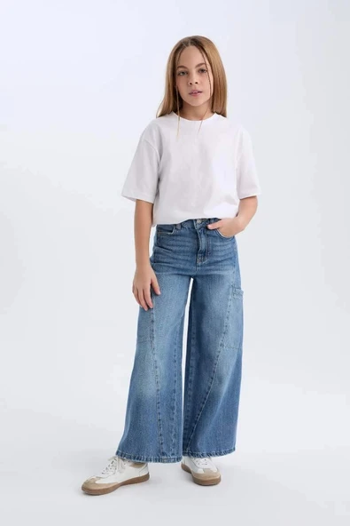 D4689 Kız Çocuk Wide Leg Kargo Cepli Geniş Bol Paça Jean Pantolon ürün görseli 1