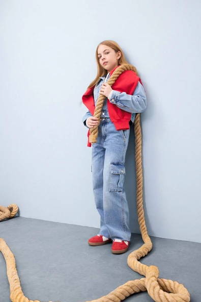 Defacto D7089 Mavi Kız Çocuk Wide Leg Kargo Geniş Bol Paça Pamuklu Jean Pantolon ürün görseli 1