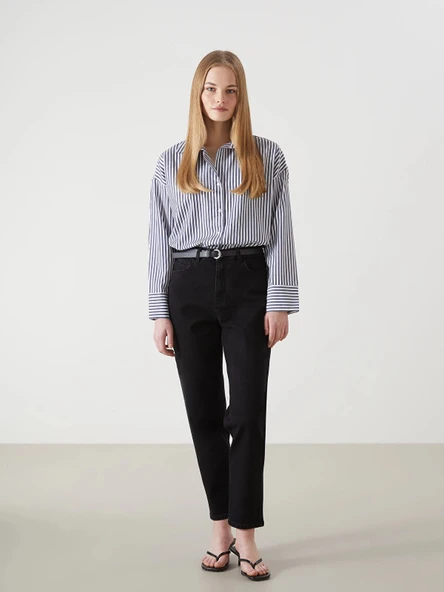 LCW Jeans SİYAH Beli Kemerli Mom Fit Kadın Jean Pantolon ürün görseli 1