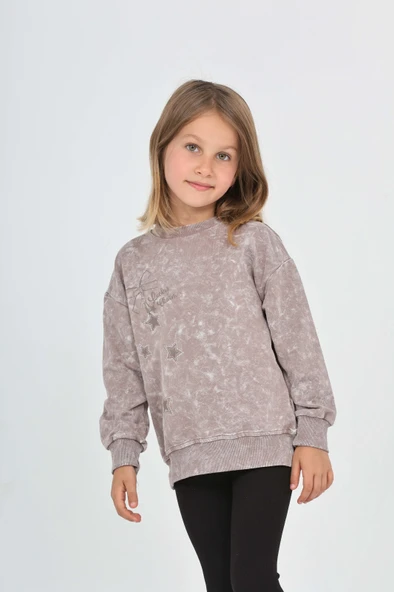 Toontoy Kız Çocuk Relax Fit Bisiklet Yaka Düşük Omuz Baskılı Yırtmaçlı Sweatshirt - 2 İplik ürün görseli 1