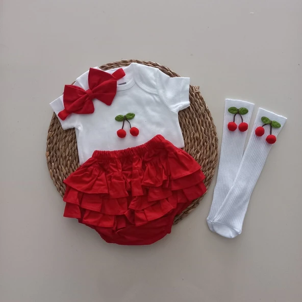 BALBÖCEĞİKİDS Kız Bebek Kırmızı Ponpon Kiraz Fırfır Şort Etek Bodyli Çorap Takımı ürün görseli 1