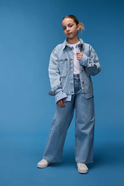Defacto D7093 Mavi Kız Çocuk Wide Leg Geniş Paça Jean Pantolon ürün görseli 1